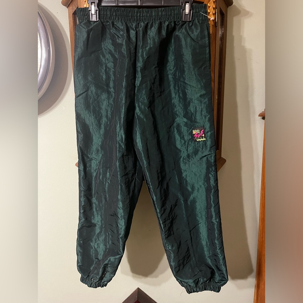 Vintage Women’s Surf Style Teal Iridescent Wind Nylon Jogger Pants Size 14-16